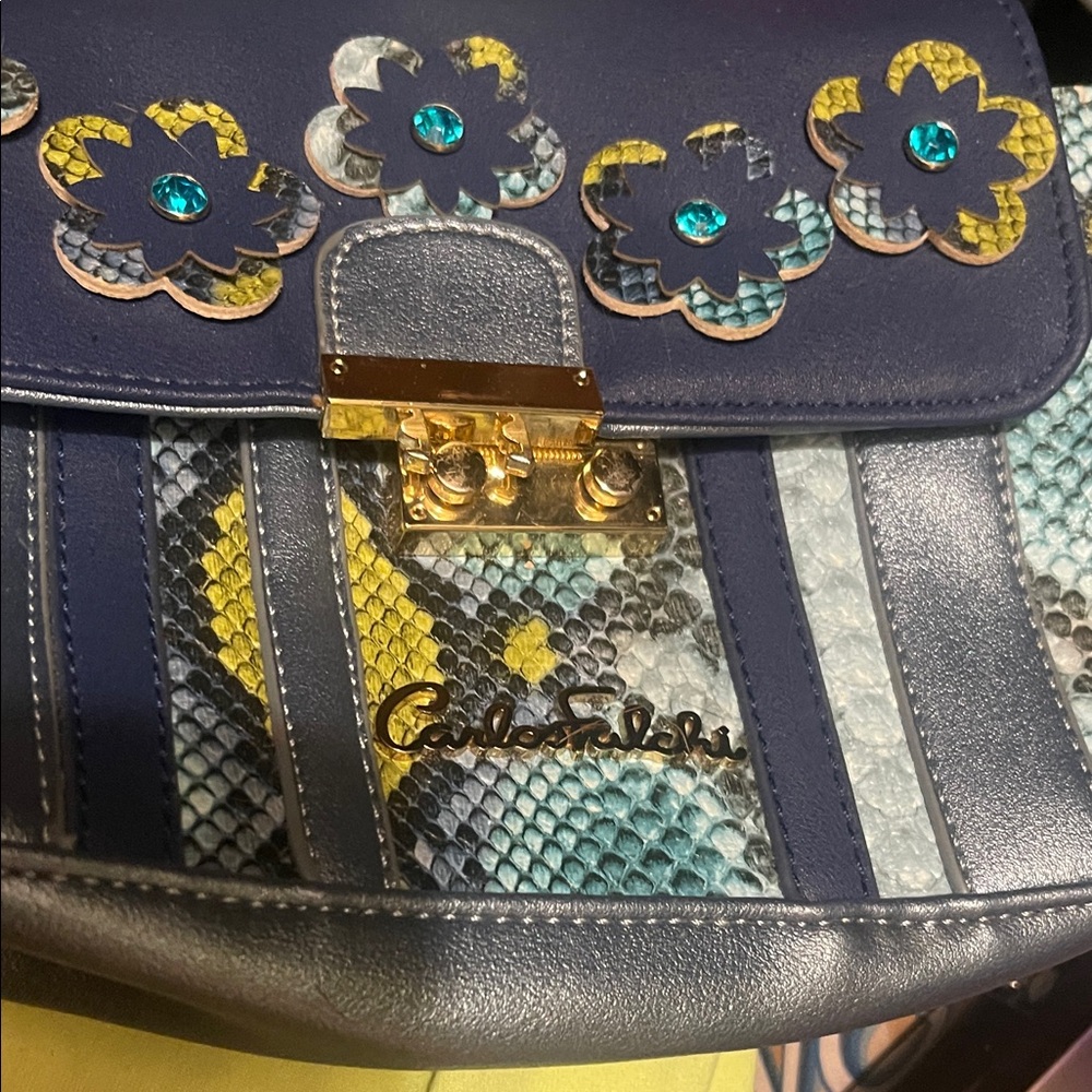 Carlos Falchi Navy and Yellow Floral Shoulder Bag